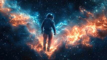 Obraz premium Astronaut floats amidst vibrant nebulae in cosmic expanse