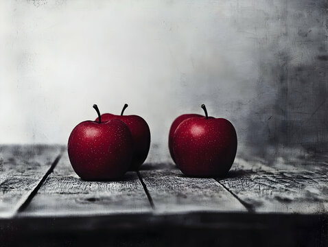 Naklejki Four Red Apples on Rustic Wooden Table