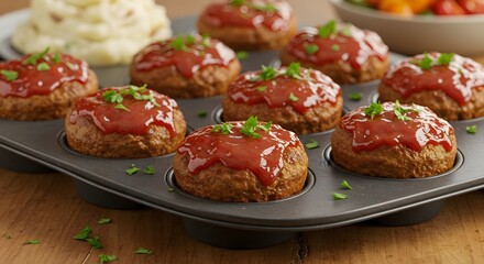 Mini Meatloaf Muffins with Glazed Topping in Baking Pan, Homemade Savory Meatloaf Cups with Tomato Sauce, Baked Meatloaf Muffins with Fresh Parsley Garnish