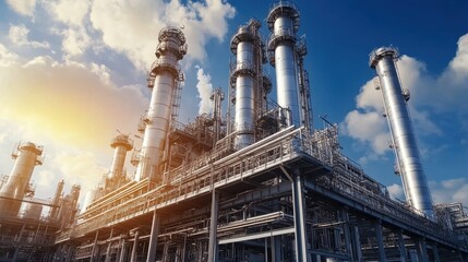 Fototapeta premium A wide-angle view of a modern factory with towering chimneys and metal structures.