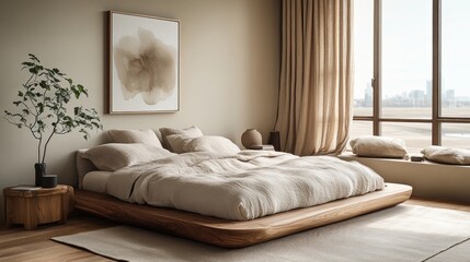 Beige bedroom with wooden platform bed, art, and city view