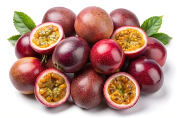 Fototapeta premium A Pile of Fresh Ripe Passion Fruits with Halved Passion Fruits Showing Seeds and Pulp