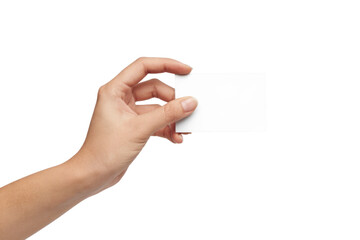 hand holding a blank white card Isolated on Background