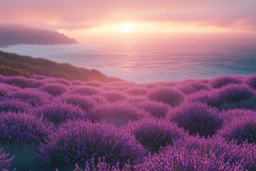 Fototapeta premium Lavender field at sunset overlooking a misty ocean and distant mountains. Serene and beautiful landscape.