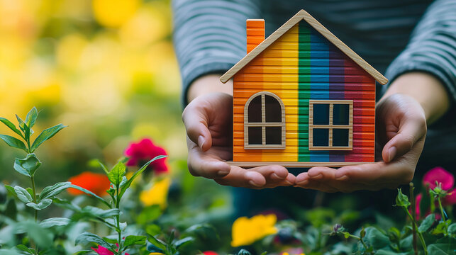 Person holding a rainbow LGBTQ pride home model in a garden