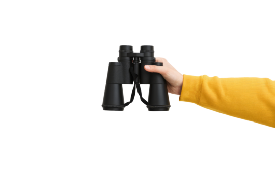 black binoculars held by hand on Isolated on Background