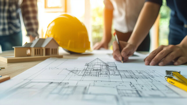 Architects Collaborating on House Blueprint Design Planning New Home Construction