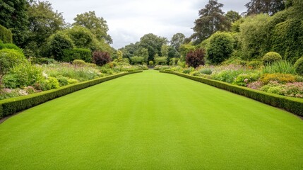 A vibrant garden scene displaying neatly trimmed hedges and a lawn