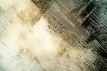 Abstract image of intersecting lines and textures, resembling a microscopic view of a circuit board or layered material.