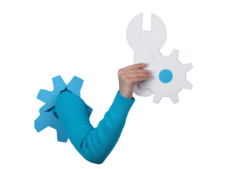 wrench and gear in hand on white background