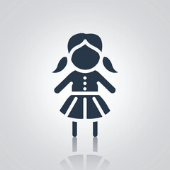 Doll silhouette icon, doll signs with long hair, with a silver background