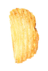 One tasty ridged potato chip in air isolated on white