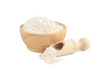 Brown rice flour in bowl and scoop isolated on white