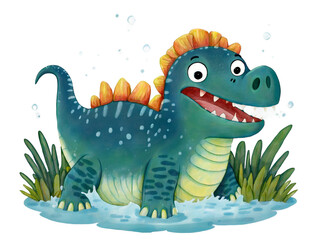 Obraz premium Delightful depiction of a cheerful baby Spinosaurus joyfully splashing in shallow water creating a fun and playful scene of prehistoric infancy