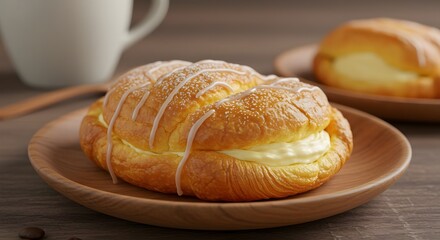 Cream Cheese Filled Danish Pastry on Wooden Plate, Fluffy Croissant Bun with Sweet Cream Filling, Golden Danish Pastry with Icing