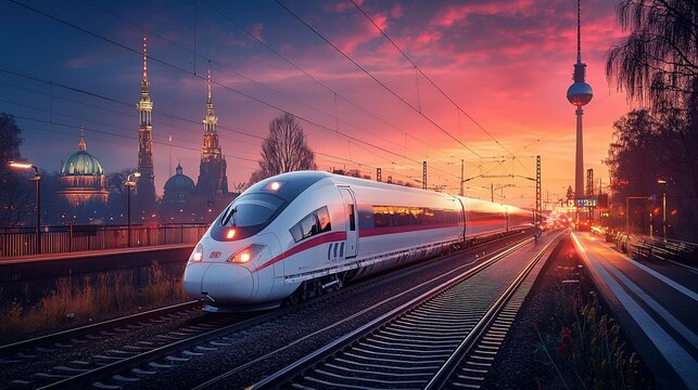 High-speed train at sunset, Berlin skyline