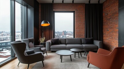 Modern Living Room with Stylish Furniture and Urban View