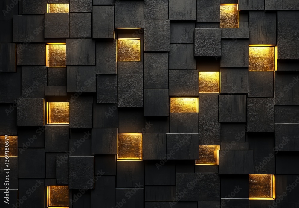 Aufkleber abstract dark wood block wall golden light illuminated modern design background texture pattern geom