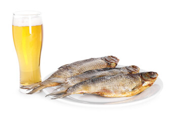 Glass of beer and dried fish isolated on white