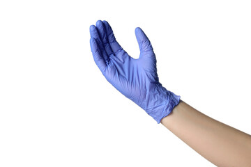 Doctor in medical glove on white background, closeup