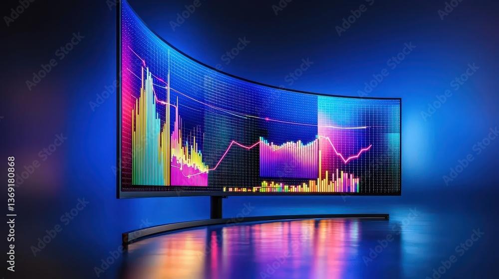 Poster vibrant stock market graph displayed on a large curved monitor, showcasing dynamic data visualizatio