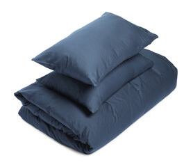 Silky bed linens and pillows on white background