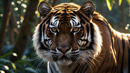 Majestic close-up of a tiger gazing fiercely in its natural habitat with striking fur details