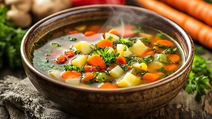 Rustic bowl of steaming vegetable soup with diced potatoes, carrots, celery, and garnished with fresh parsley on a wooden table