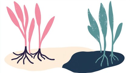 Pink and Teal Plants Illustration Minimalist Botanical Artwork