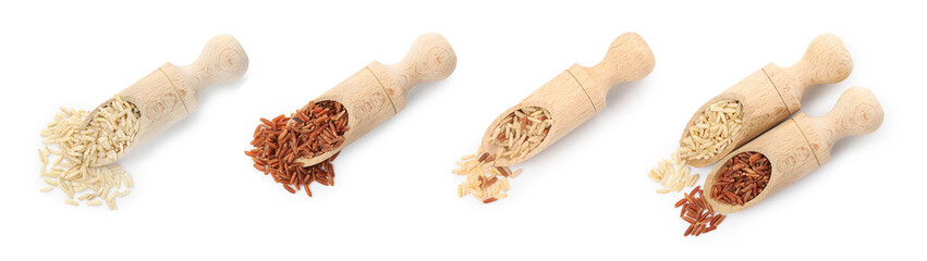 Different types of brown rice in scoops on white background, set. Top view