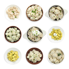 Tasty boiled dumplings (pelmeni) on white background, collage. Top view