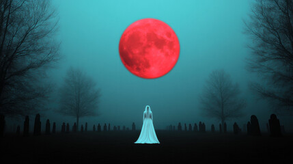 Fototapeta premium spectral bride stands alone in desolate graveyard under large red moon, surrounded by fog and tombstones, evoking haunting atmosphere