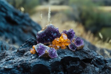 Vibrant purple and golden crystals nestled on a dark rock, showcasing nature's beauty.