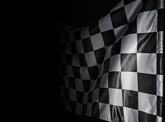 Racing flag with black and white checkers in darkness, space for text