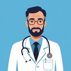 Fototapeta premium Compassionate Healer: Doctor in White Coat with Stethoscope and Blue Background