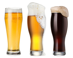 Different types of fresh beer in glasses isolated on white, set