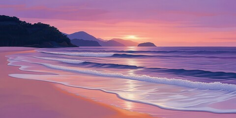 Obraz premium A serene beach at sunset with gentle waves and distant mountains.