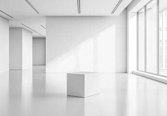 Fototapeta premium Modern Minimalist White Room Interior Design Empty Space Bright Sunlight Cube Display Showcase Gallery Architecture Clean Lines Simple Elegant 