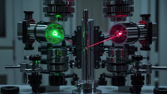 Laser beam intersecting optical components, creating complex interference patterns highlighting quantum physics research in high tech laboratory setting, revealing scientific precision