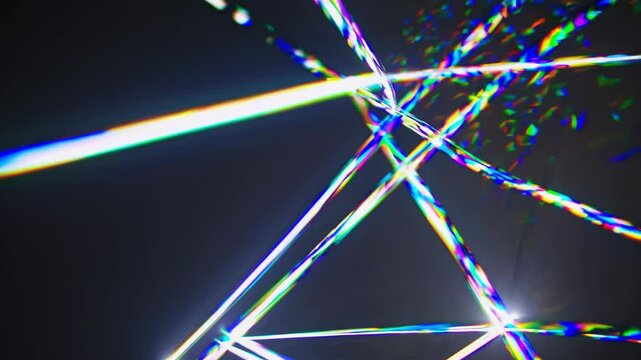 Light rays spinning dynamically, creating glitch distortions through iridescent geometric patterns emerging from shadowy digital space with futuristic visual energy