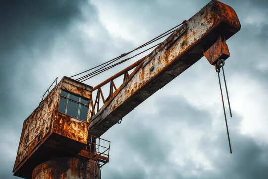 A rusty, old crane stands against a cloudy sky, a testament to time and industrial history.
