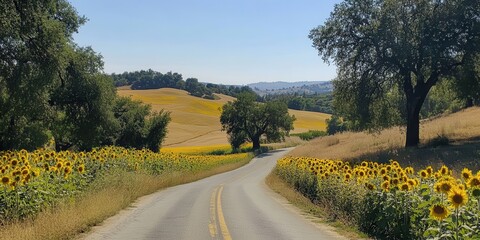 Naklejka premium Scenic country road lined with sunflowers and rolling hills under a clear blue sky.