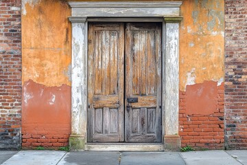 Weathered wooden double doors set in a dilapidated brick and stucco building.
