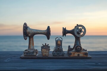 Rustic antique sewing machine parts artfully arranged against a serene sunset ocean backdrop.