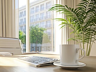 Fototapeta premium Modern office workspace with a keyboard, coffee mug, and a large window overlooking a city street, showcasing a calm and productive atmosphere.