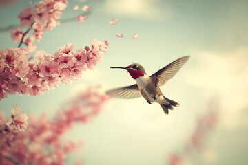 Fototapeta premium Hummingbird feeding on cherry blossoms, spring