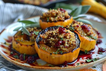 Roasted acorn squash rings plated with quinoa pilaf center, cranberry drizzle and sage