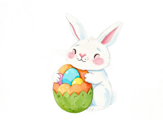 Delightful Easter Bunny Illustration, A Heartwarming Image of a Cute Bunny Embracing a Basket Overflowing with Colorful Easter Eggs, Perfect for Spring