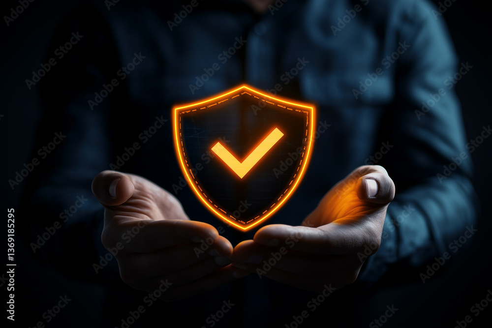 Poster secure data protection hands holding glowing shield with check mark