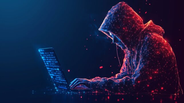 Anonymous hacker working on laptop with polygonal server design, cybersecurity concept, minimalistic style with ample copy space